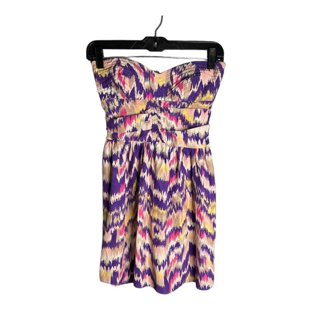 Parker Pink and Purple Print Silk Strapless Dress Sweetheart Neckline Small